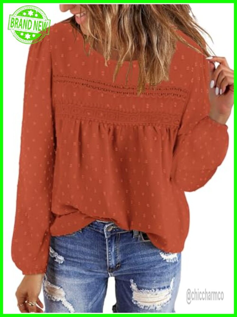 Womens Boho Long Sleeve Swiss Dot Tunic Blouse Lace Crochet Flowy Top